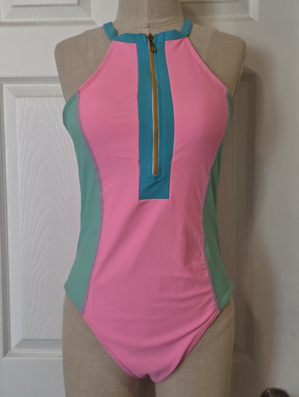 Women's Colorblock Halter One-Piece Swimsuit - Pink & Aqua Size XL